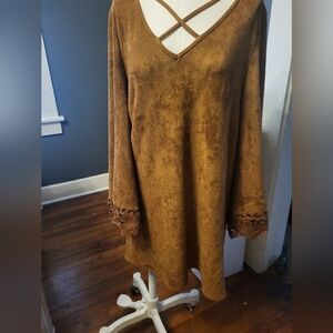 Camel colored suede dress, above the knee .